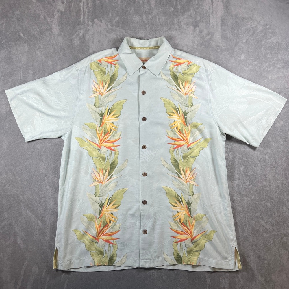 Tommy Bahama Mens Large Silk Shirt Bird of Paradise Floral Button Up Blue